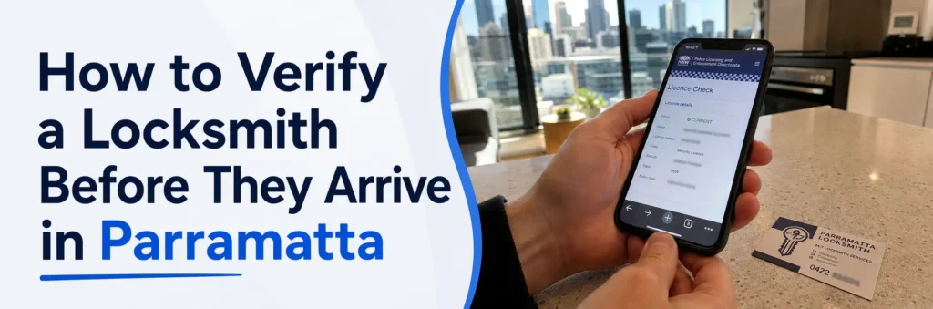 Person checking a locksmith licence on a smartphone beside a locksmith business card in a Parramatta apartment. Copy Alt Text