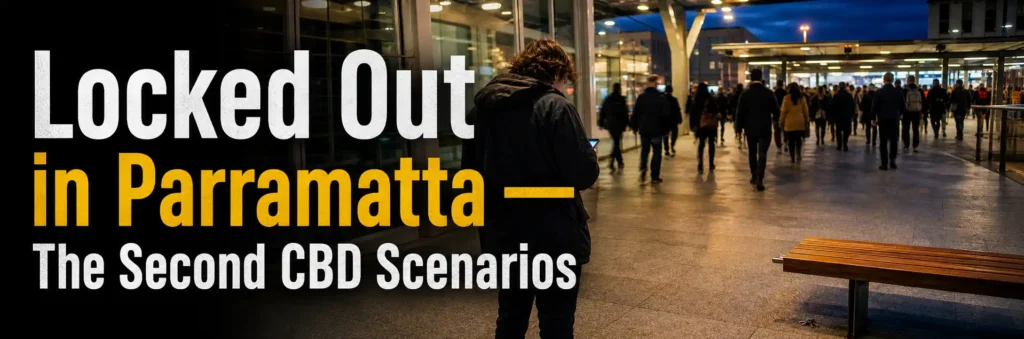 Person standing outside a busy Parramatta CBD building at night, illustrating a lockout situation in the city centre. Copy Alt Text