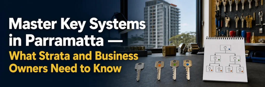 Master key system display with multiple keys, lock cylinders and a key hierarchy diagram for commercial buildings and strata properties in Parramatta. Copy Alt Text