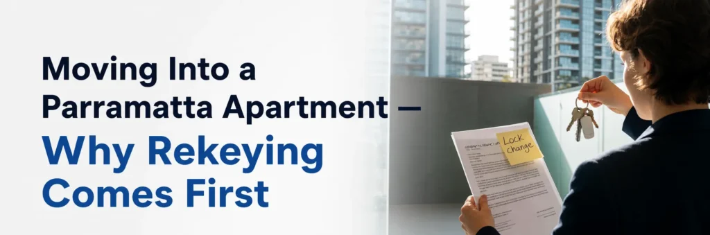New apartment resident holding keys and reviewing a lock change note while moving into a high-rise apartment in Parramatta, Sydney. Copy Alt Text